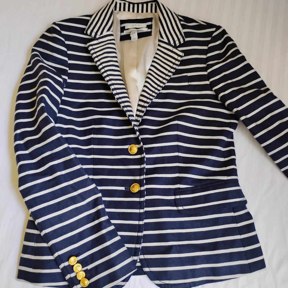 J Crew Blazer  4 Schoolboy Navy Gold Button Nautical Stripe Capsule Linen Cotton